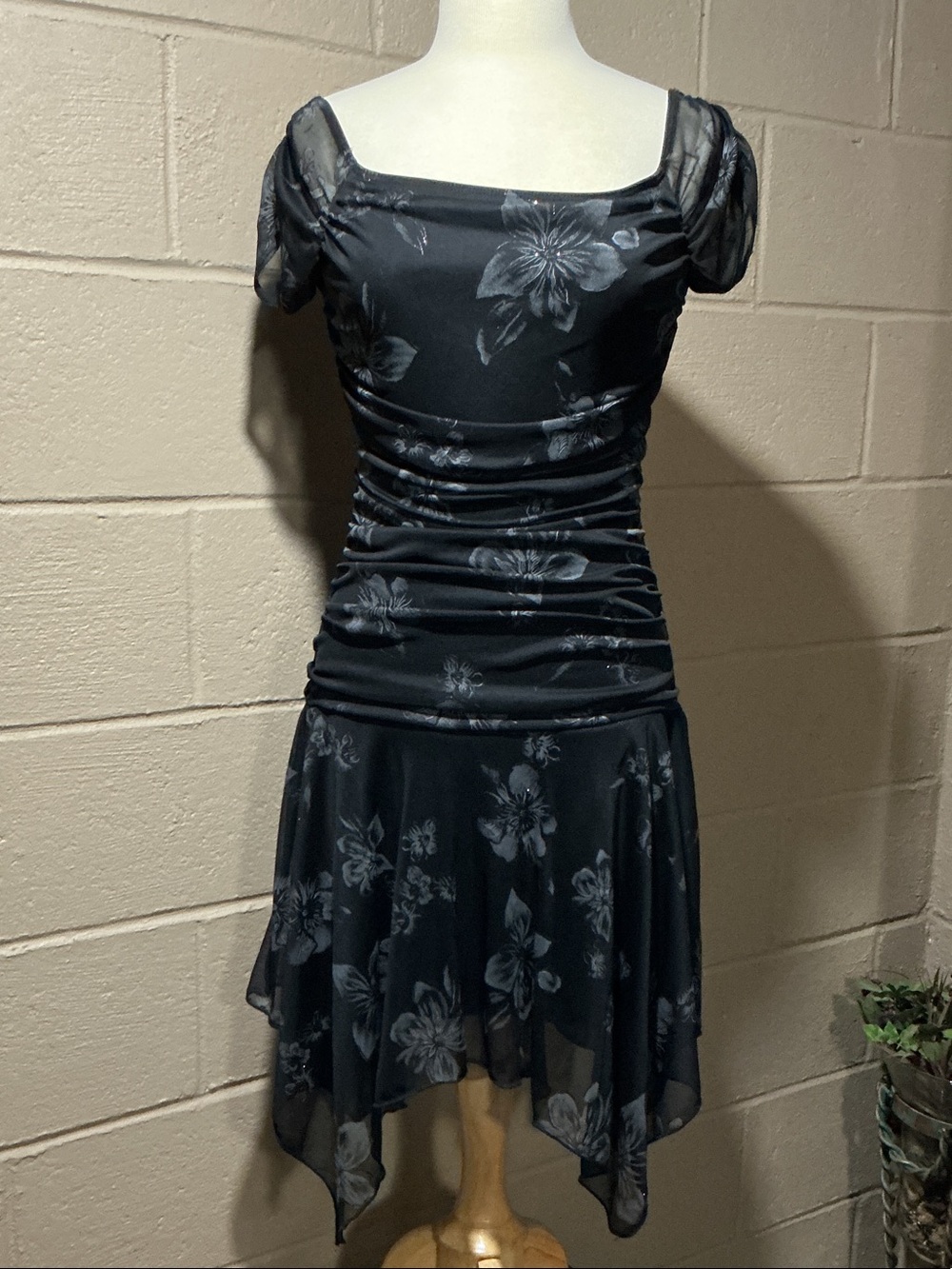 Taboo Black Floral Square Neck Ruched Dress